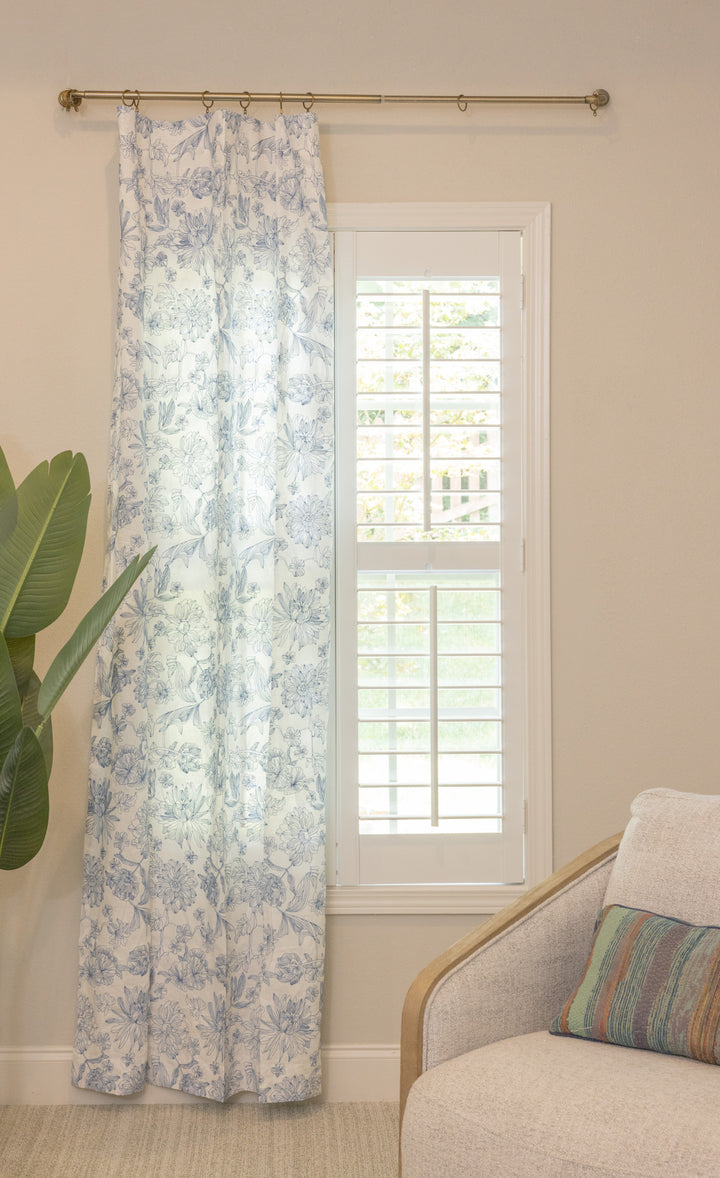 Custom Pure Linen Curtains, Blue Floral Embroidery, One Panel