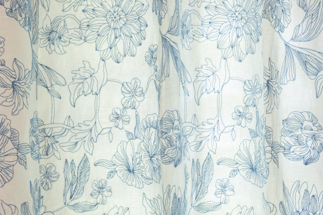 Custom Pure Linen Curtains, Blue Floral Embroidery, One Panel