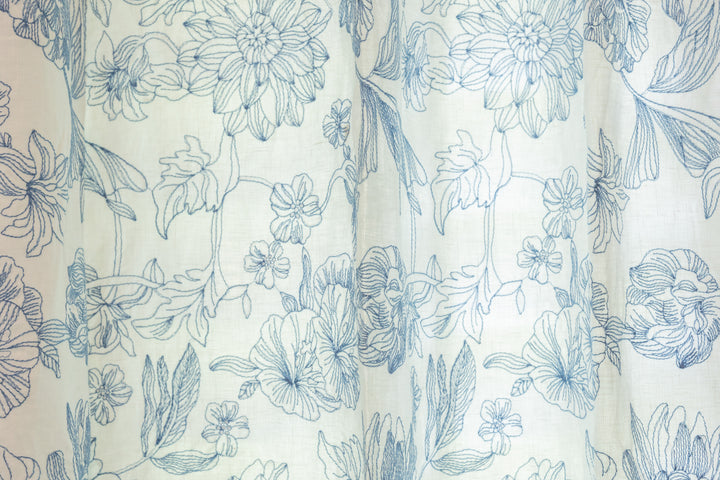 Custom Pure Linen Curtains, Blue Floral Embroidery, One Panel