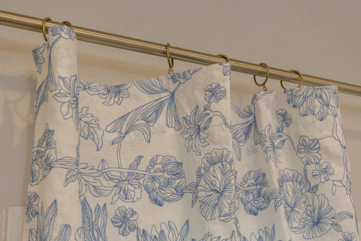 Custom Pure Linen Curtains, Blue Floral Embroidery, One Panel