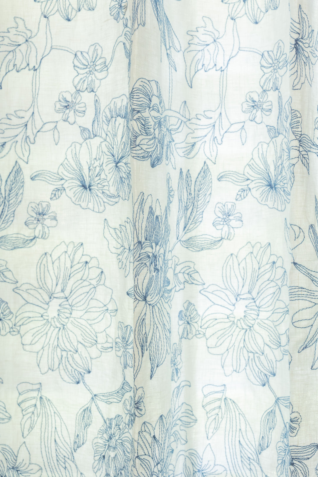 Custom Pure Linen Curtains, Blue Floral Embroidery, One Panel
