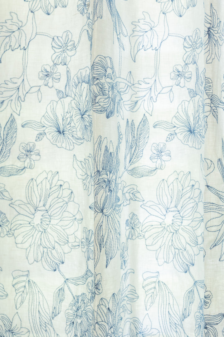 Custom Pure Linen Curtains, Blue Floral Embroidery, One Panel