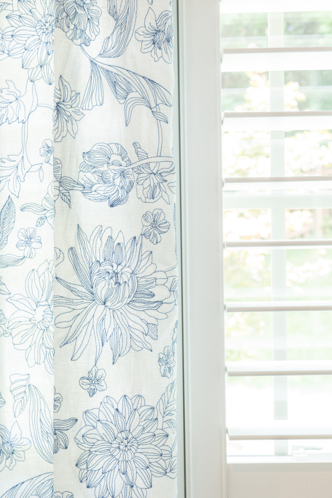 Custom Pure Linen Curtains, Blue Floral Embroidery, One Panel