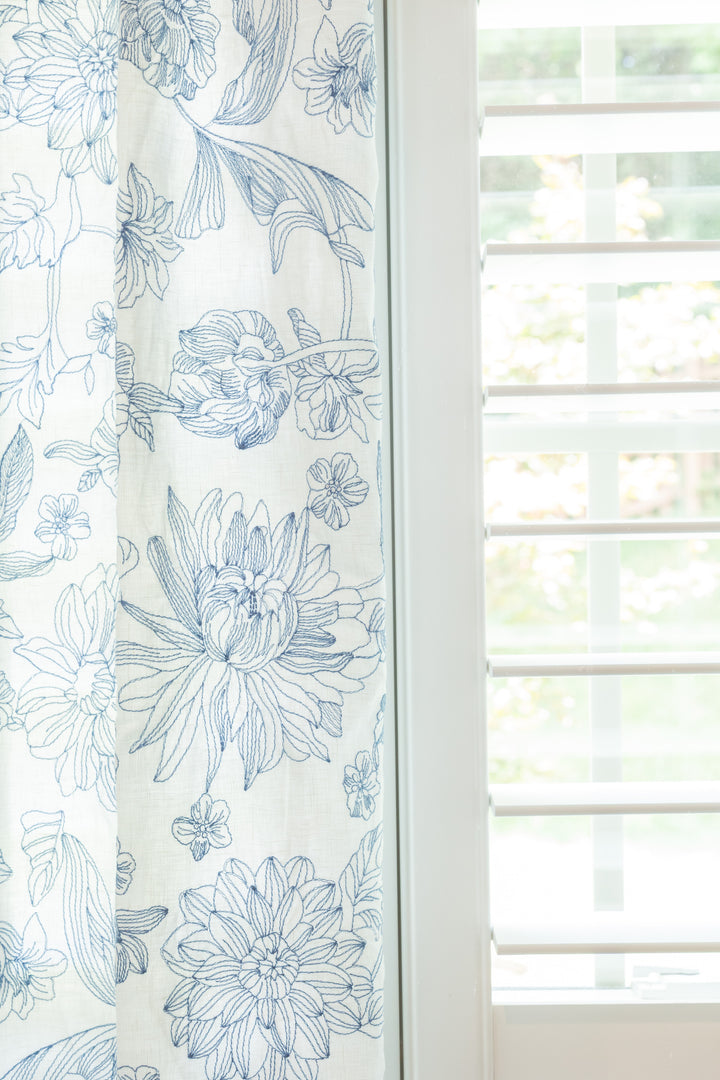 Custom Pure Linen Curtains, Blue Floral Embroidery, One Panel