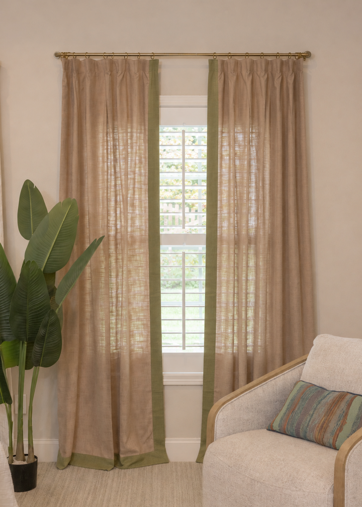 Custom Linen Blend Curtains with Colored Trim, One Panel