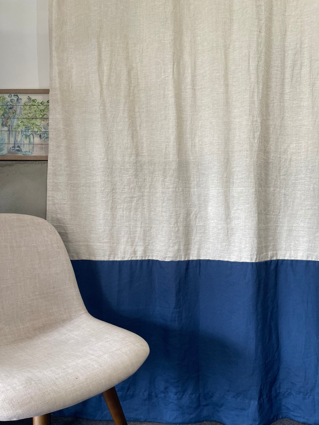 Bleached Natural & Navy Blue Color Block Linen Curtains