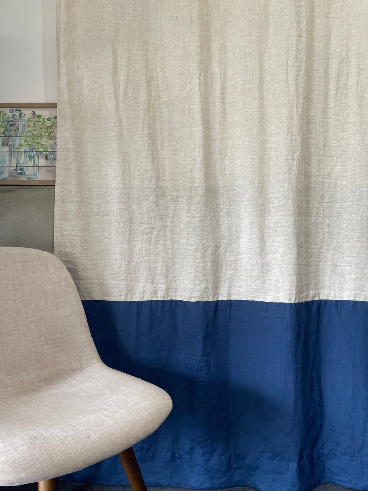 Bleached Natural & Navy Blue Color Block Linen Curtains