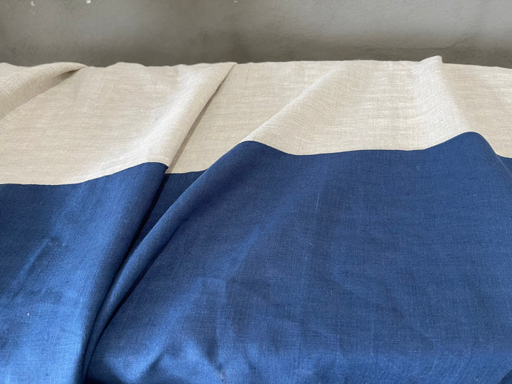 Bleached Natural & Navy Blue Color Block Linen Curtains