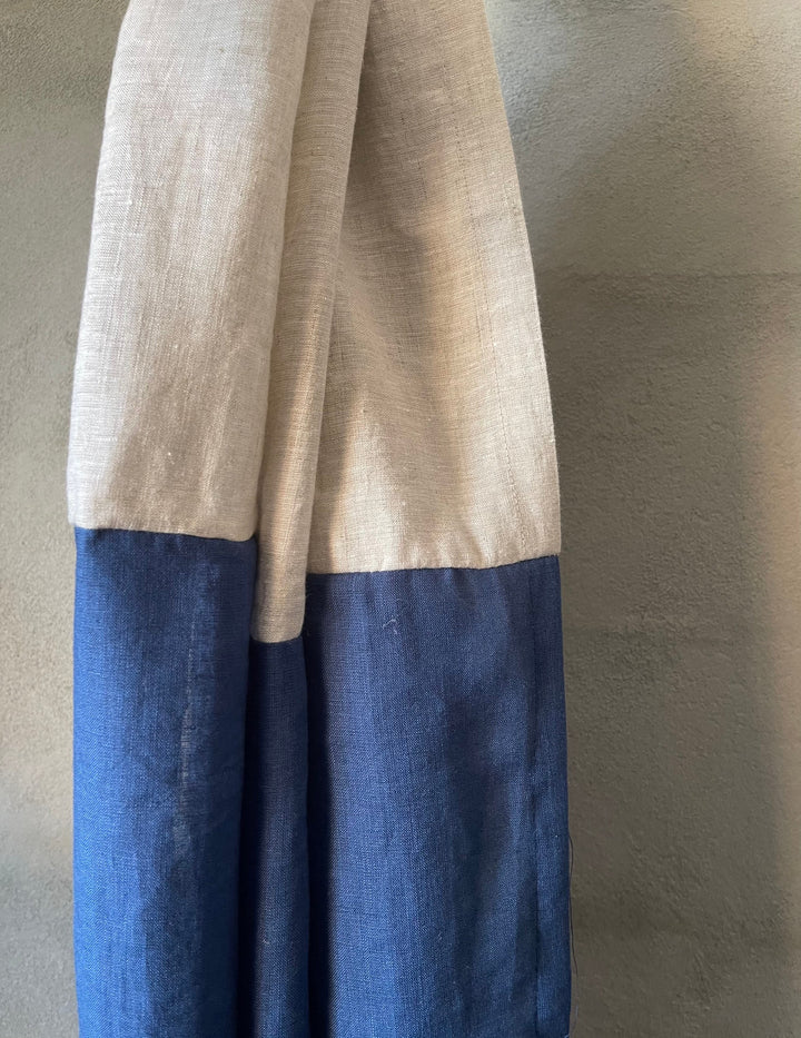 Bleached Natural & Navy Blue Color Block Linen Curtains