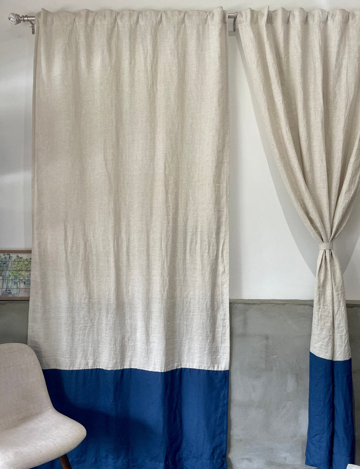 Bleached Natural & Navy Blue Color Block Linen Curtains
