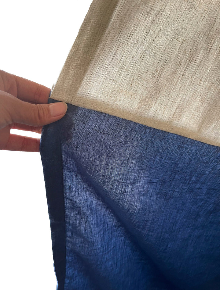 Bleached Natural & Navy Blue Color Block Linen Curtains