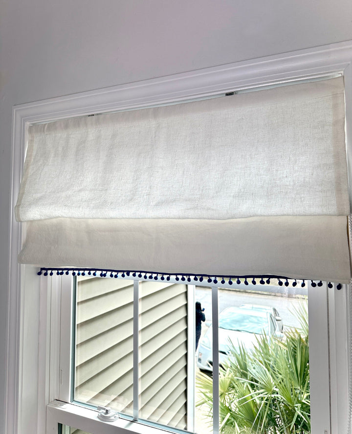 Mid-Heavy Linen Roman Shades with Pom-Poms