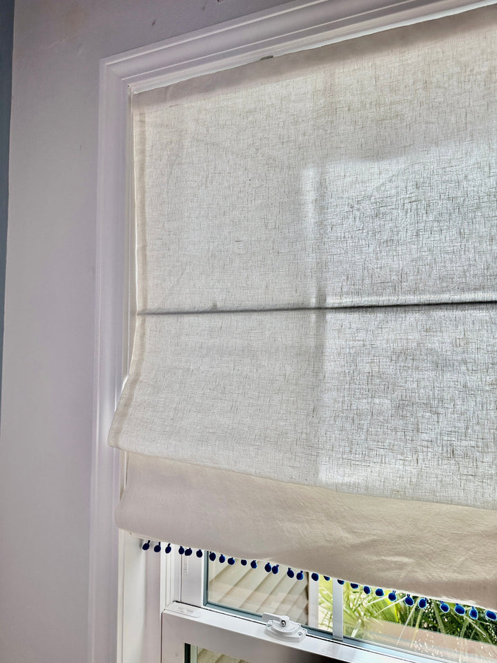 Mid-Heavy Linen Roman Shades with Pom-Poms