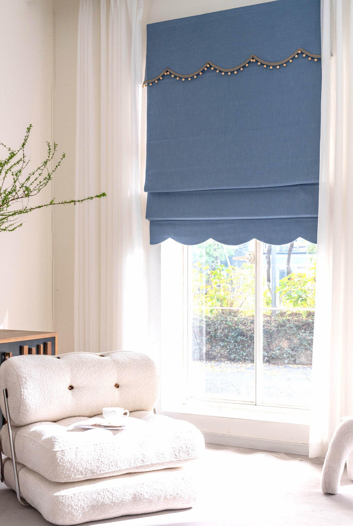 Top and Bottom Scalloped Roman Shades with Bamboo Beads