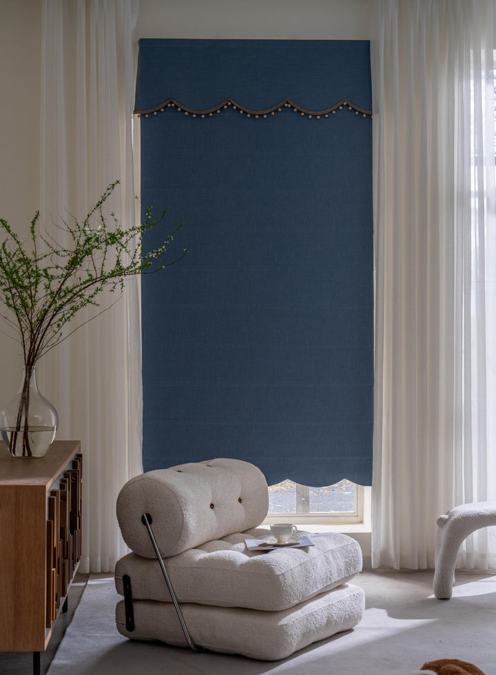 Top and Bottom Scalloped Roman Shades with Bamboo Beads
