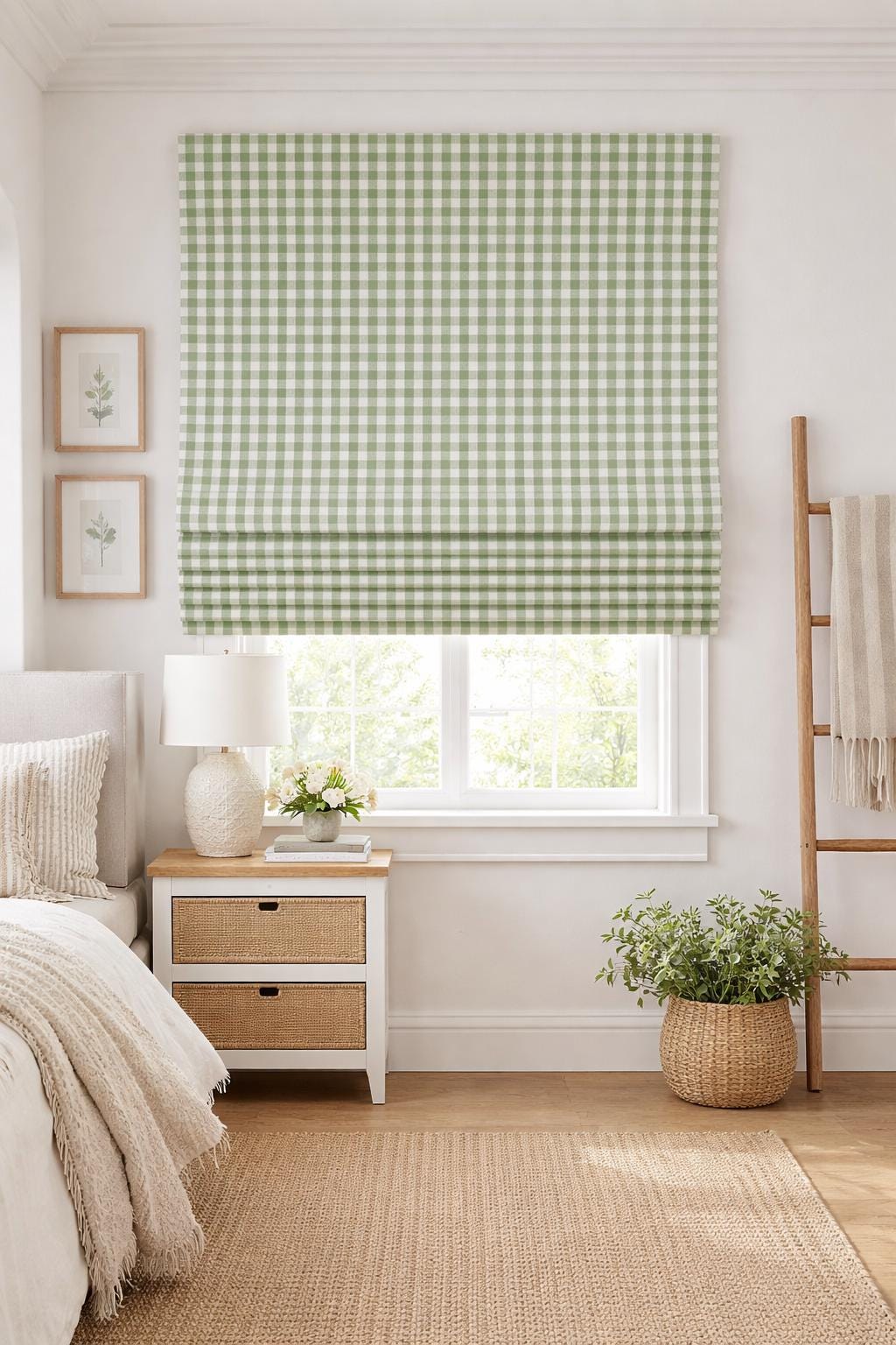 Gingham Sage Green Cotton Roman Shades