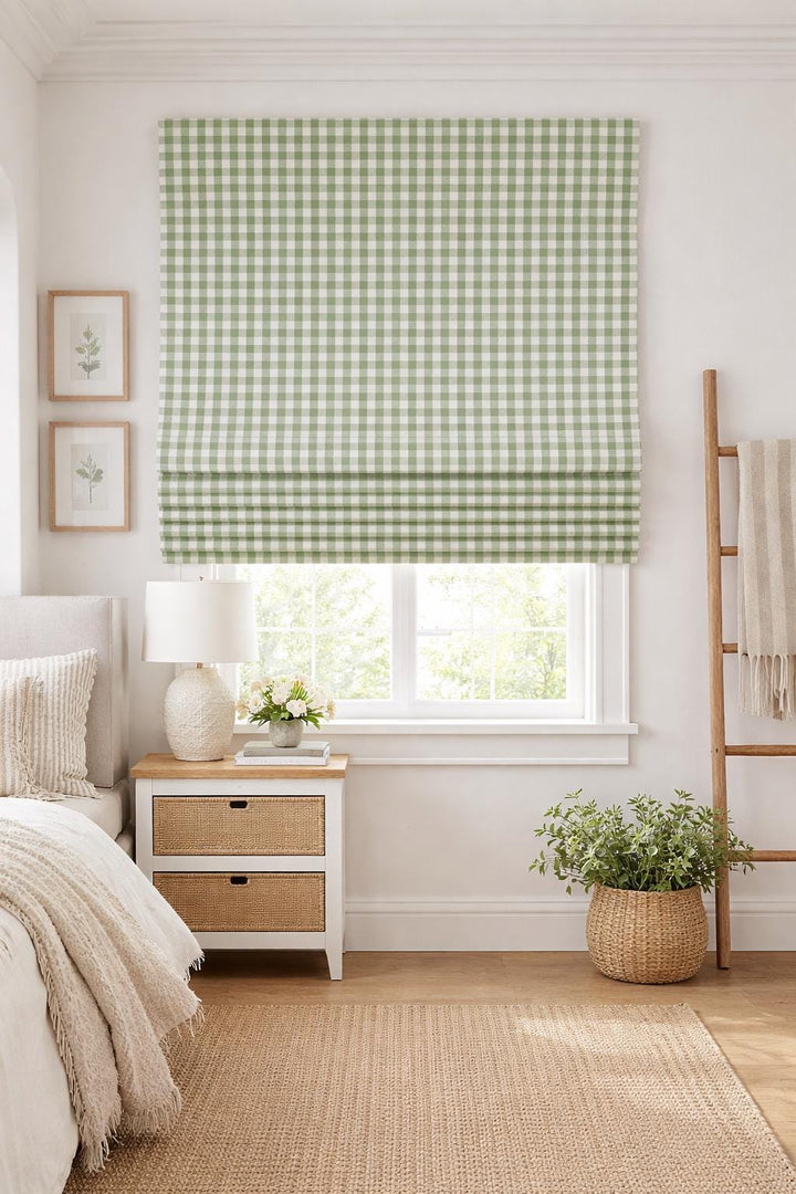 Gingham Sage Green Cotton Roman Shades