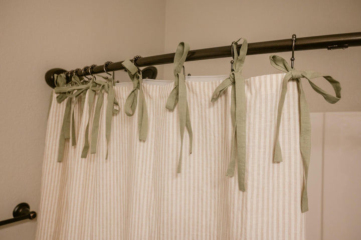 Tan Stripe Custom Shower Curtain with Sage Green Tie Top, Pure Linen Shower Curtains