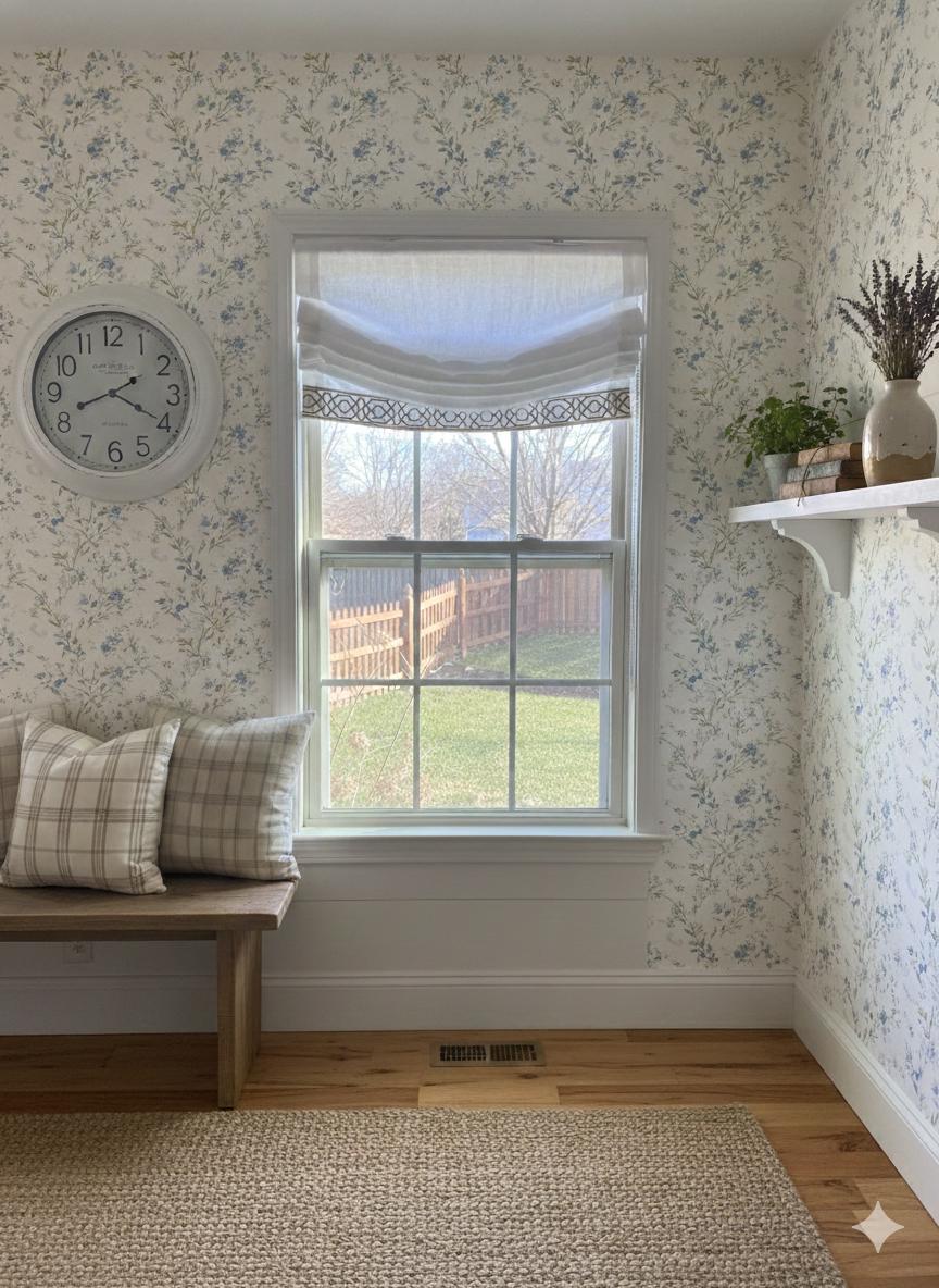 Relaxed White Linen Roman Shade with Decorative Trim, Ribbon Edge Blind