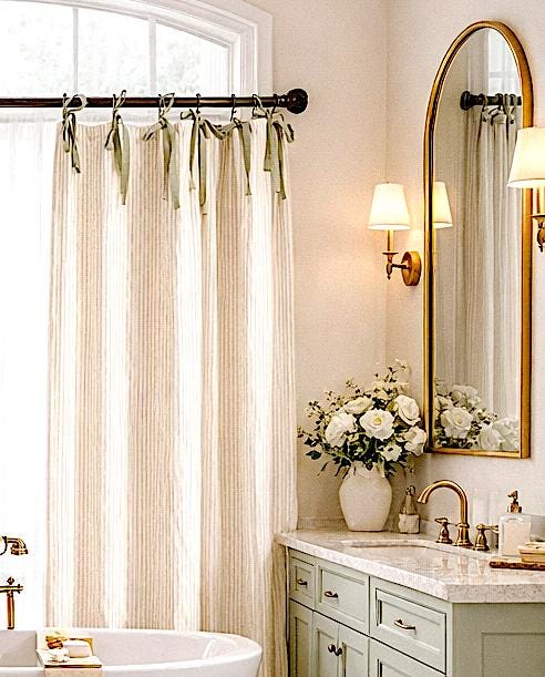 Tan Stripe Custom Shower Curtain with Sage Green Tie Top, Pure Linen Shower Curtains