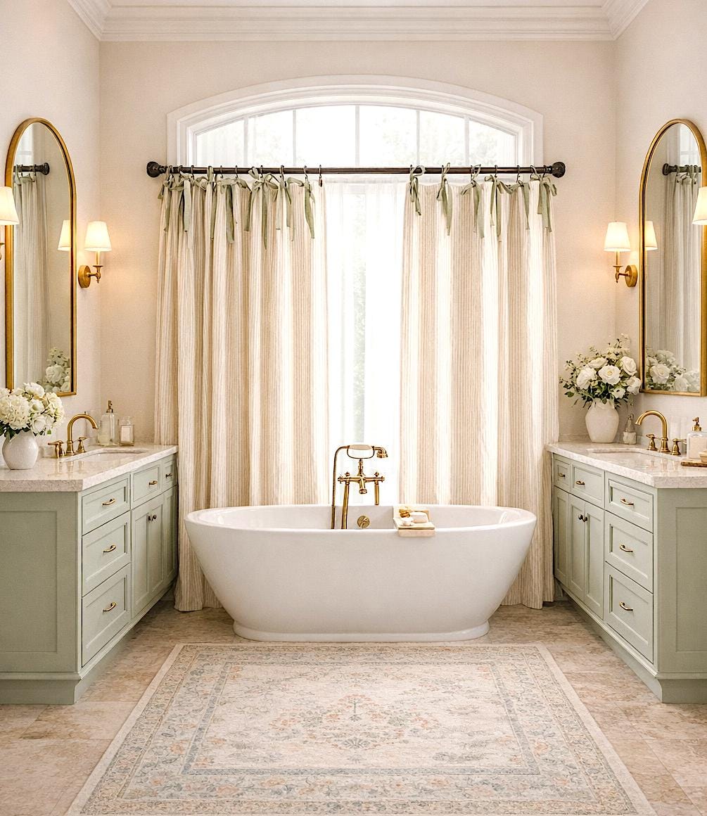 Tan Stripe Custom Shower Curtain with Sage Green Tie Top, Pure Linen Shower Curtains