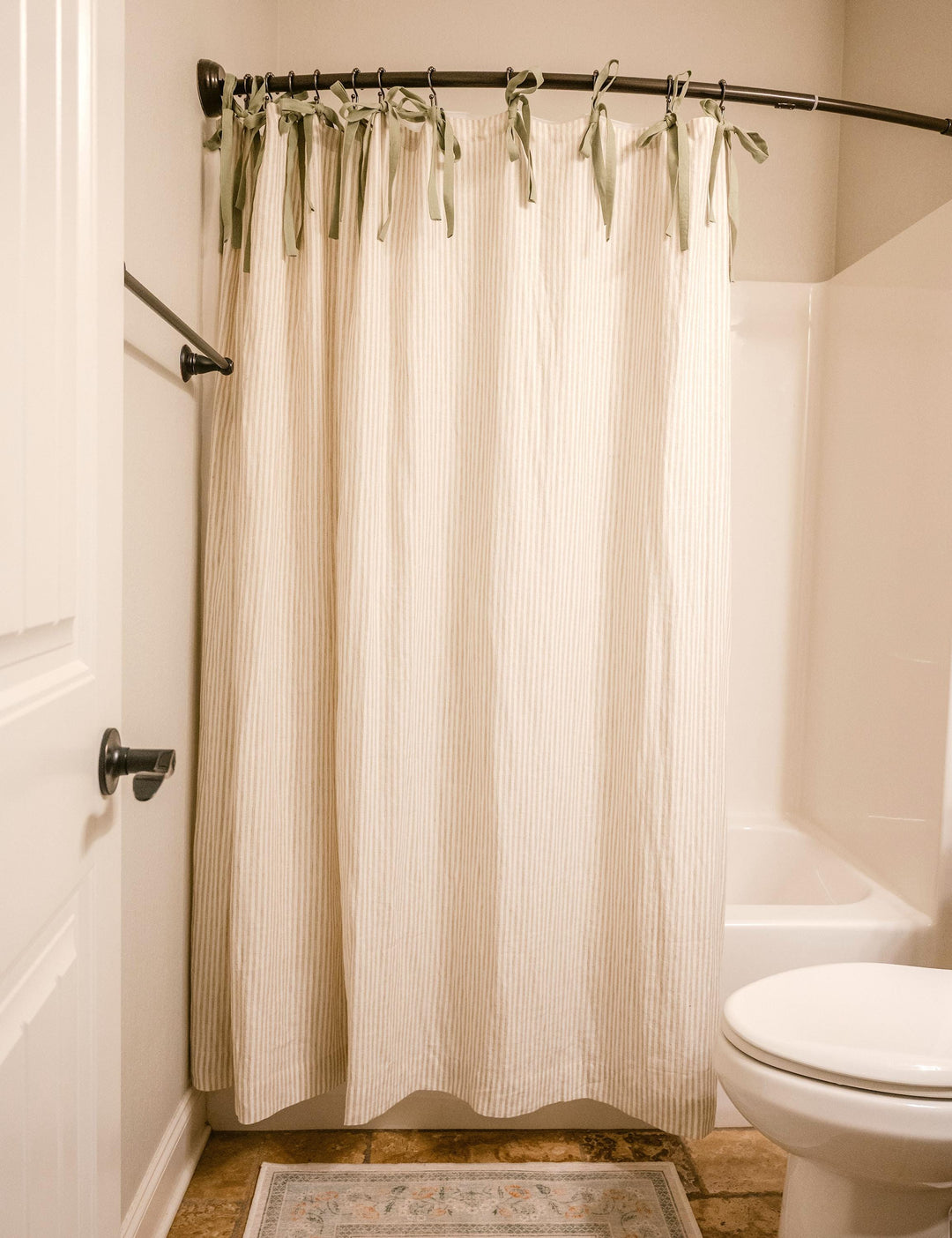 Tan Stripe Custom Shower Curtain with Sage Green Tie Top, Pure Linen Shower Curtains
