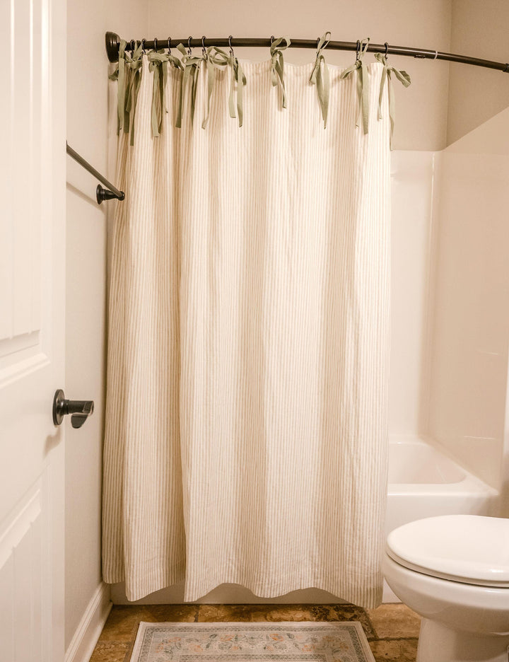 Tan Stripe Custom Shower Curtain with Sage Green Tie Top, Pure Linen Shower Curtains
