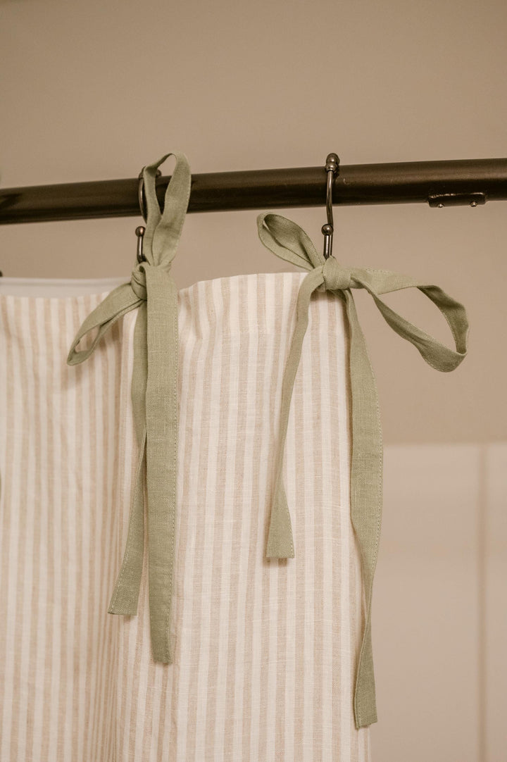 Tan Stripe Custom Shower Curtain with Sage Green Tie Top, Pure Linen Shower Curtains