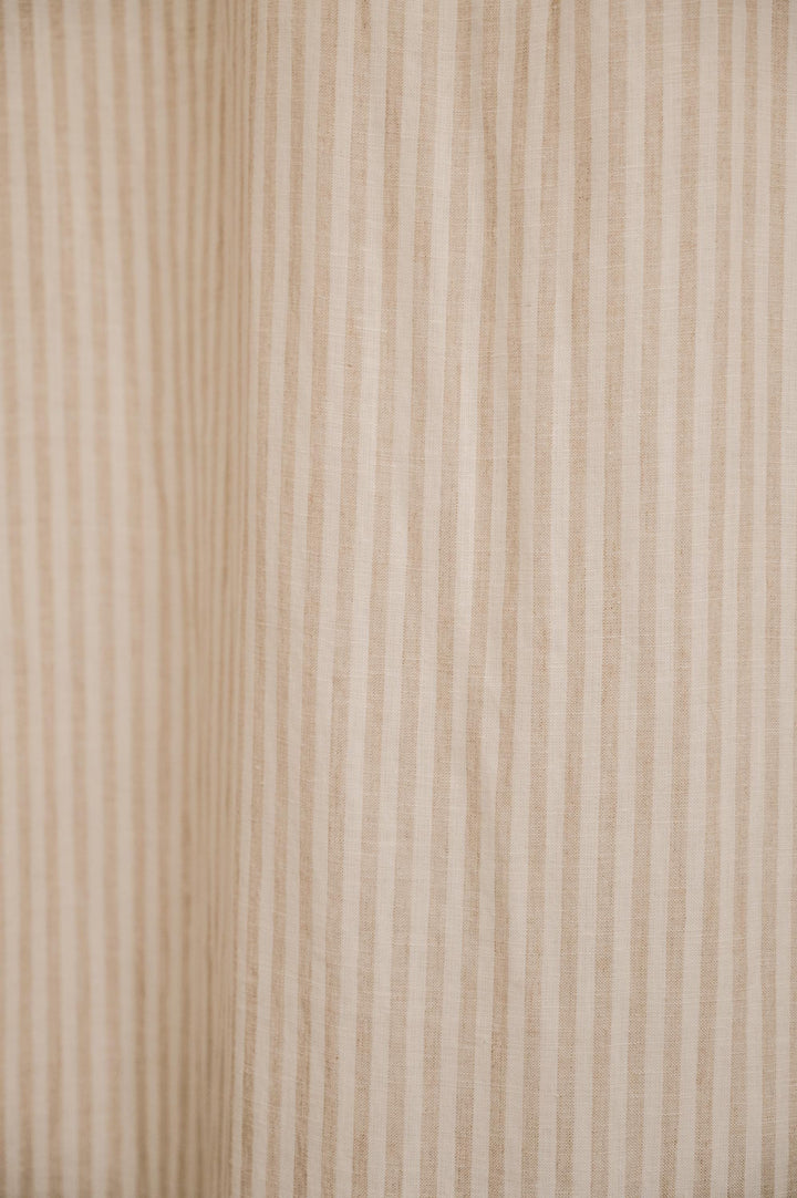 Tan Stripe Custom Shower Curtain with Sage Green Tie Top, Pure Linen Shower Curtains