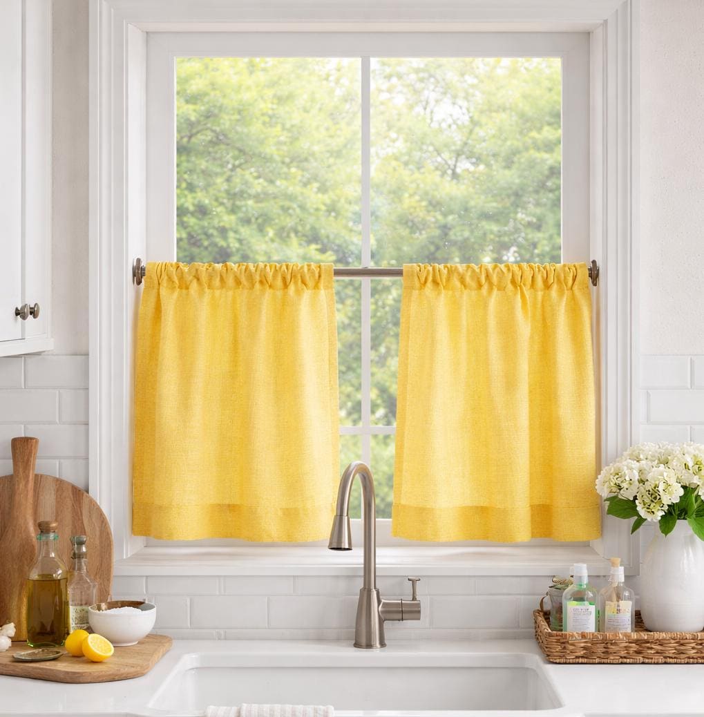 Sheer Linen Cafe Curtains, Gold Blue Stripe Short Kitchen Window Treatment