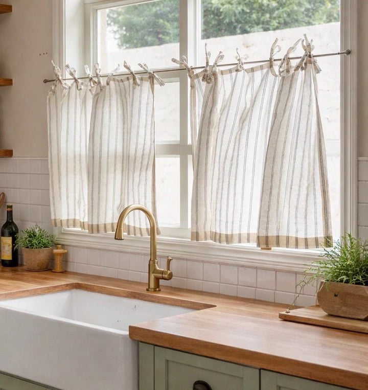 Stripe Linen Cafe Curtains with Tie Top Finish For Kitchen Window
