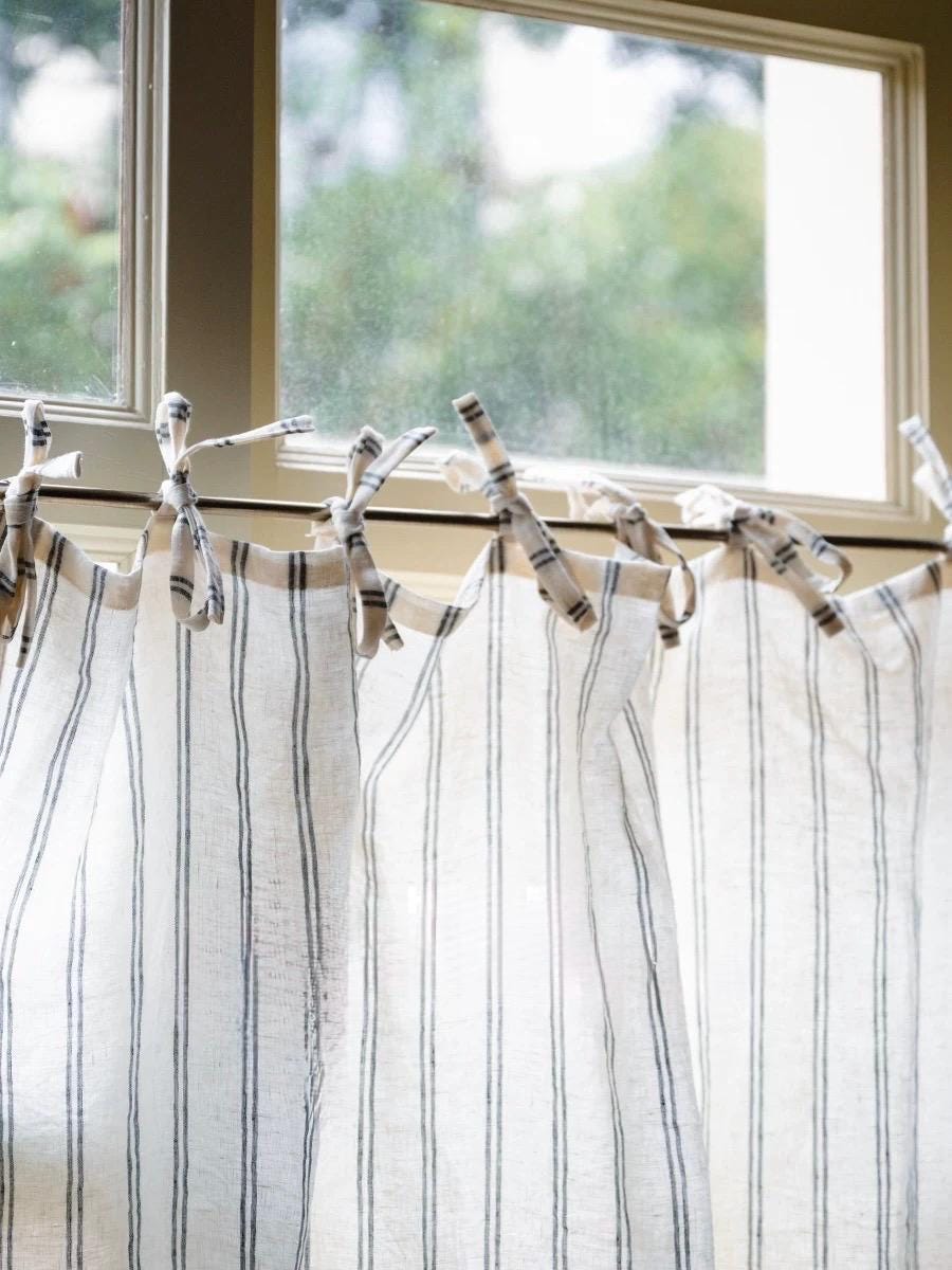 Stripe Linen Cafe Curtains with Tie Top Finish For Kitchen Window
