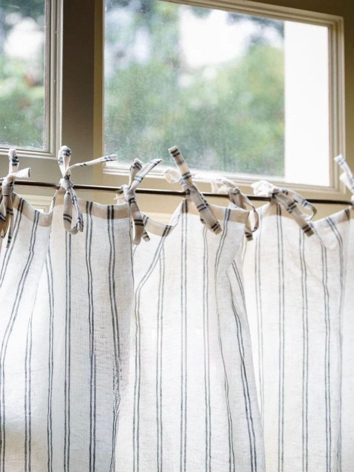 Stripe Linen Cafe Curtains with Tie Top Finish For Kitchen Window