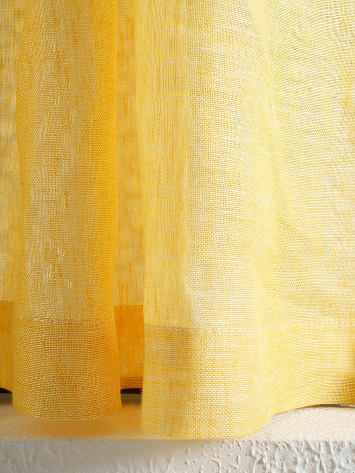 Sheer Linen Cafe Curtains, Gold Blue Stripe Short Kitchen Window Treatment