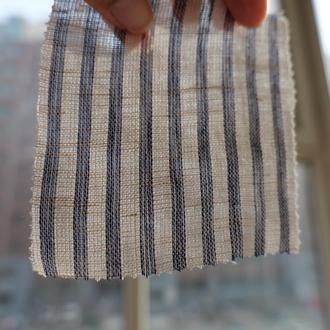 Sheer Linen Cafe Curtains, Gold Blue Stripe Short Kitchen Window Treatment