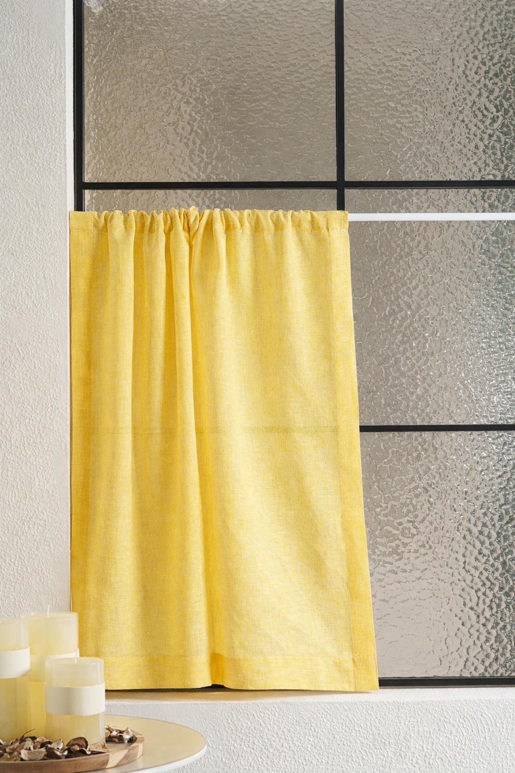 Sheer Linen Cafe Curtains, Gold Blue Stripe Short Kitchen Window Treatment