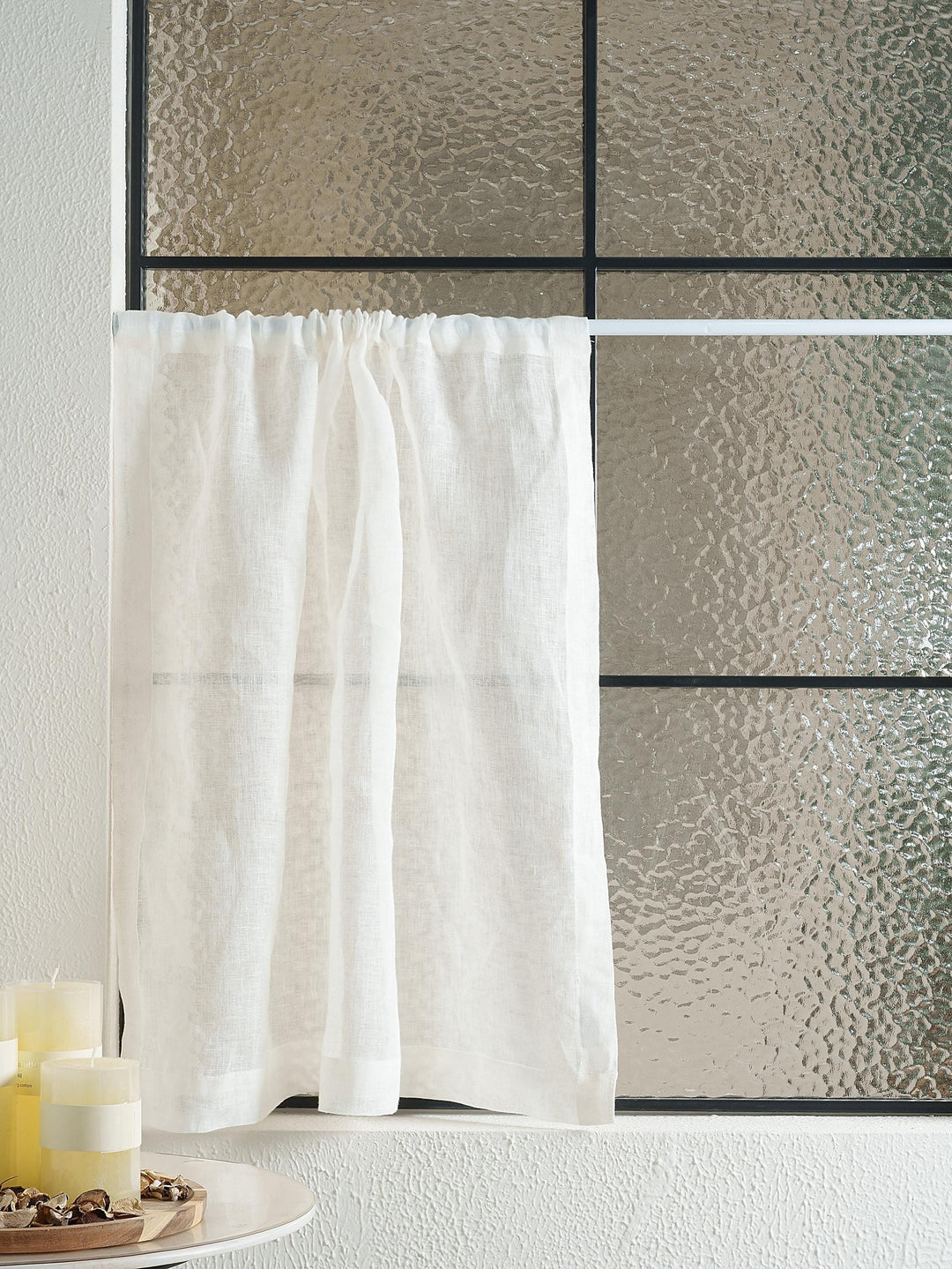 Sheer Linen Cafe Curtains, Gold Blue Stripe Short Kitchen Window Treatment