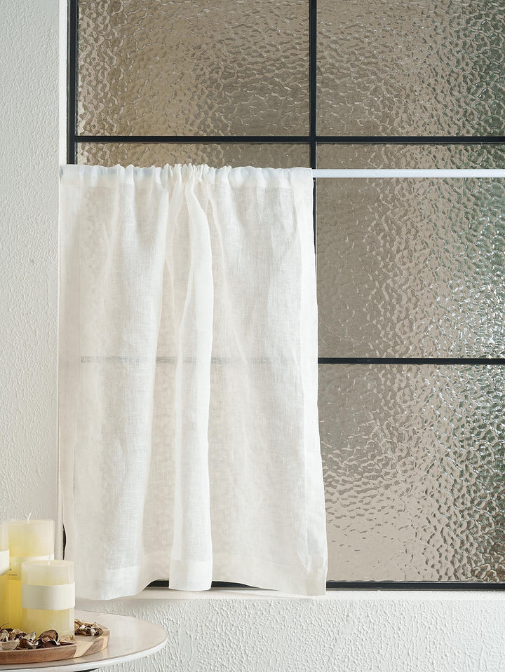 Sheer Linen Cafe Curtains, Gold Blue Stripe Short Kitchen Window Treatment