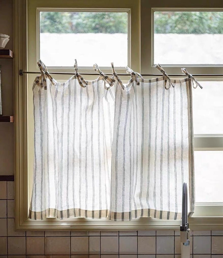 Stripe Linen Cafe Curtains with Tie Top Finish For Kitchen Window
