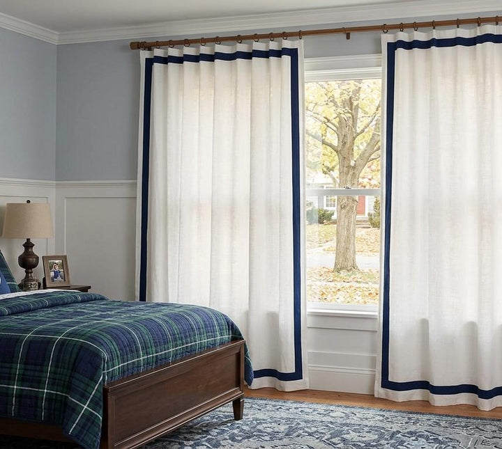 Custom Pure Linen Curtains with Navy Blue Trim, One Panel