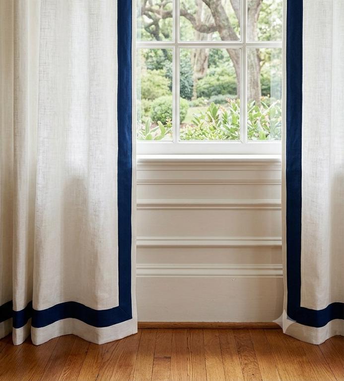 Custom Pure Linen Curtains with Navy Blue Trim, One Panel