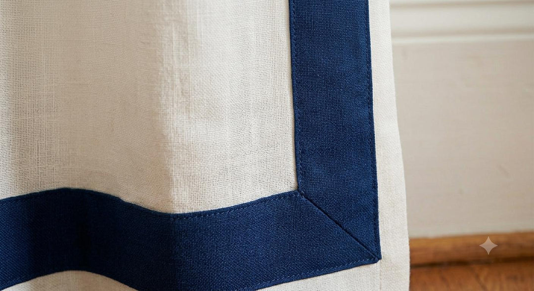 Custom Pure Linen Curtains with Navy Blue Trim, One Panel