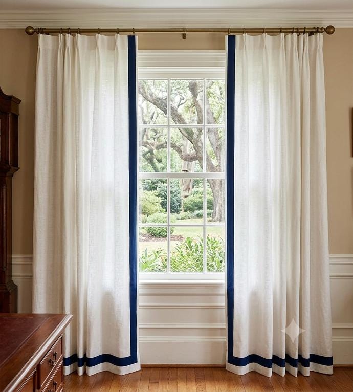 Custom Pure Linen Curtains with Navy Blue Trim, One Panel