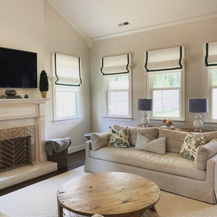 Colored Trim Roman Shades,White with Trim Custom Designer Fabric Blinds