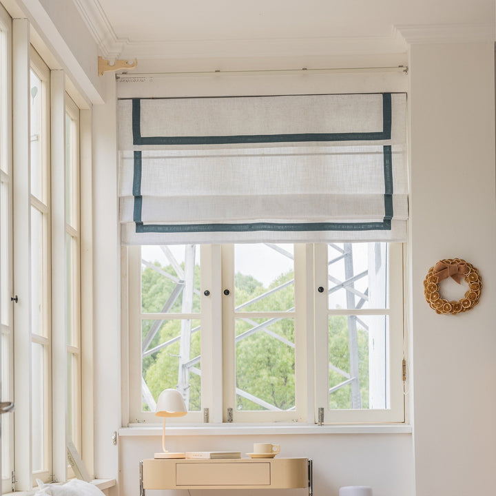 fabric valance, white with teal trim