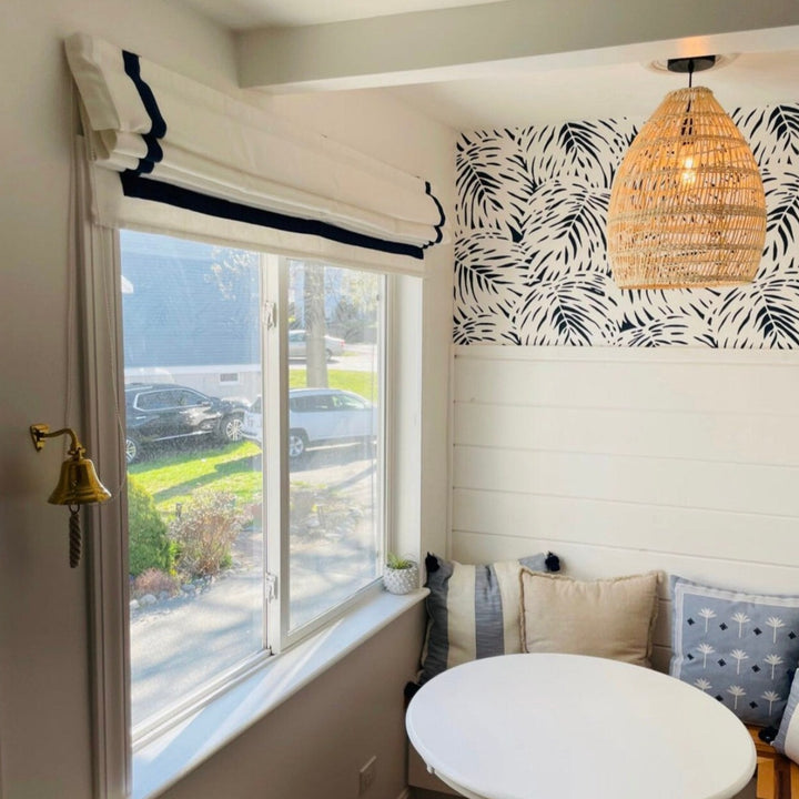 white with black trim fabric blinds